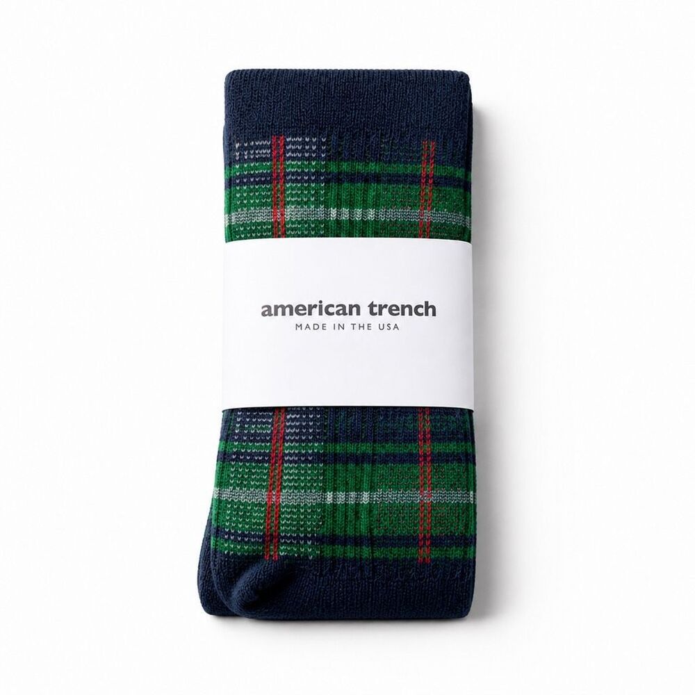 American Trench McCallister Plaid Sock Navy Green Tartan High Crew Men 7-12 USA